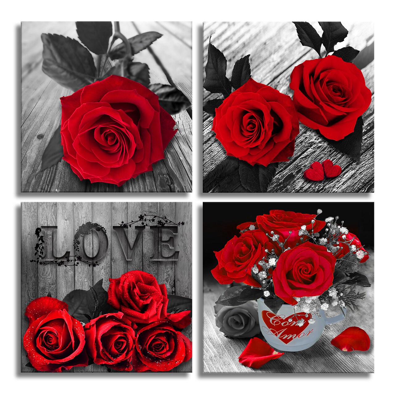 Red Rose Canvas Wall Art - 4-Piece Black & White Flower Prints for Home Decor